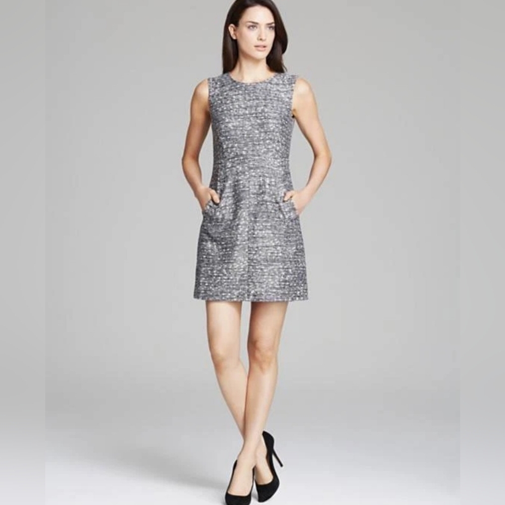 DIANE VON FURSTENBERG Gray Gold Metallic Tweed Sleeveless Sheath Party Dress 12